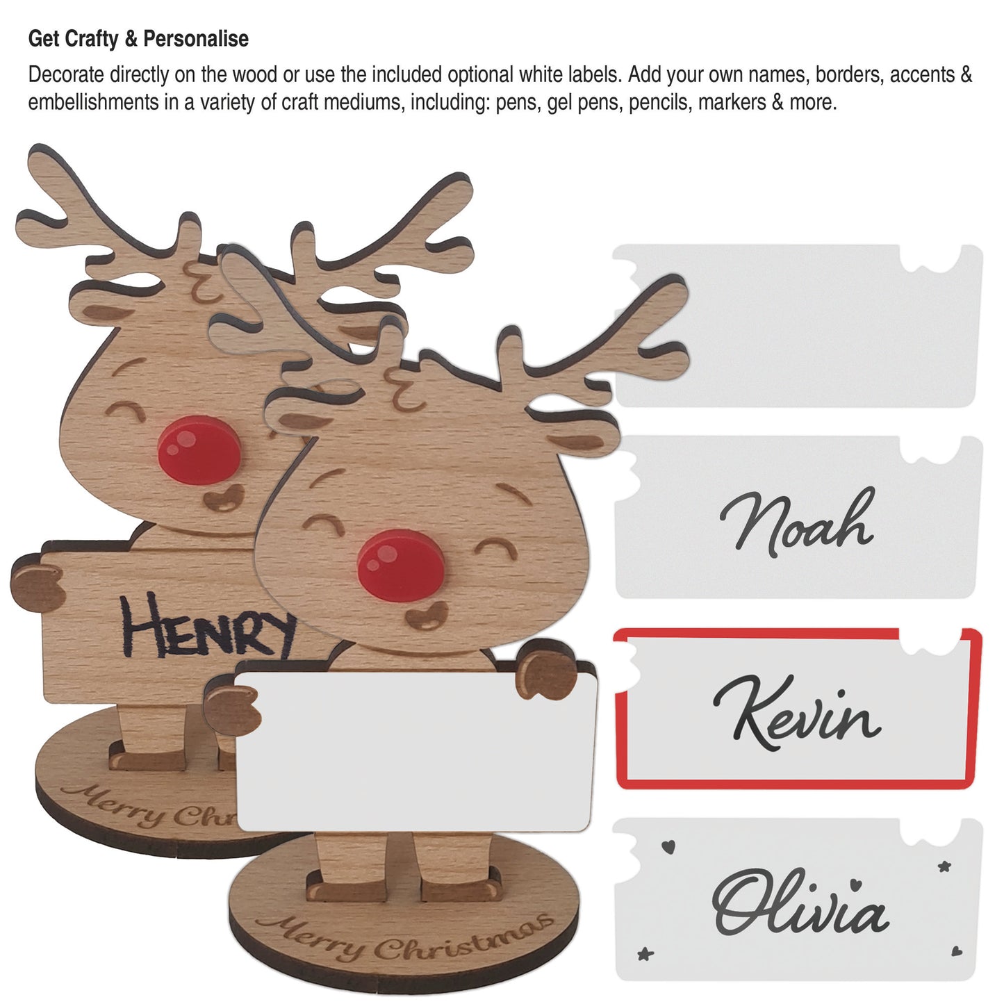 Rudolph Wooden Name Place – 6 Pack – Personalised Christmas Table Decorations & Festive Keepsake Figures