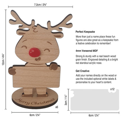 Rudolph Wooden Name Place – 6 Pack – Personalised Christmas Table Decorations & Festive Keepsake Figures