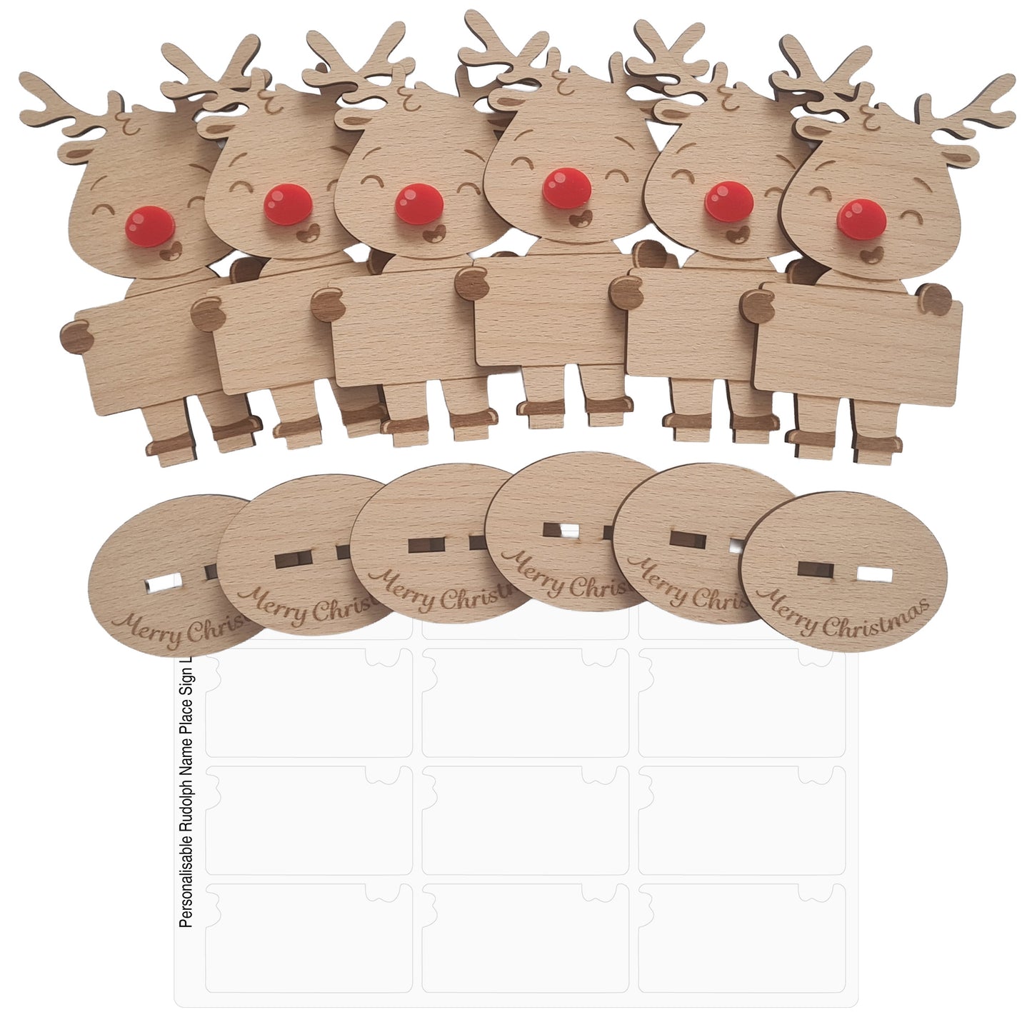 Rudolph Wooden Name Place – 6 Pack – Personalised Christmas Table Decorations & Festive Keepsake Figures