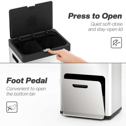 HOMCOM 3 Compartment Kitchen Bin, 56L Stainless Steel Pedal Bin with Wheels