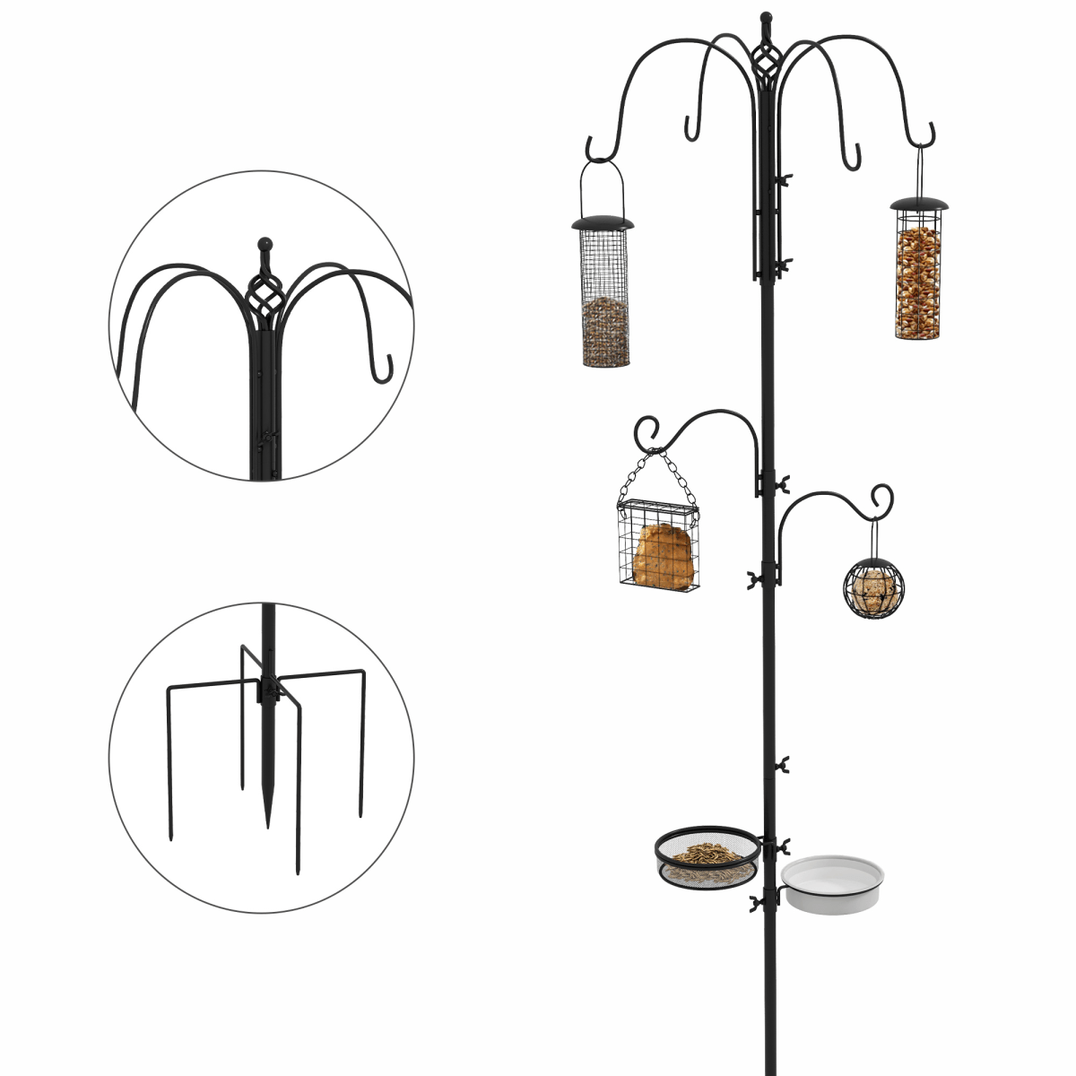 Bird Feeding Station Kit Wild Bird Feeder Pole w/ 6 Hooks 4 Hanging Feeders