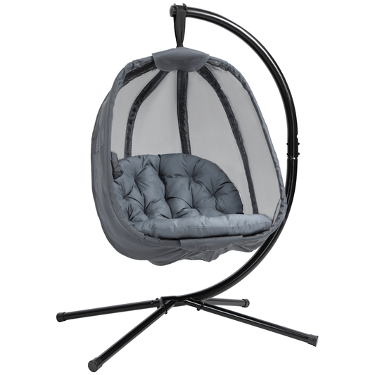 Folding Hanging Egg Chair with Cushion and Stand - Grey