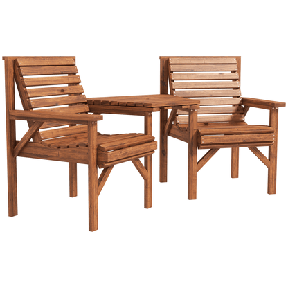 Outsunny Wooden Garden Love Seat Bench with Coffee Table Tan Brown