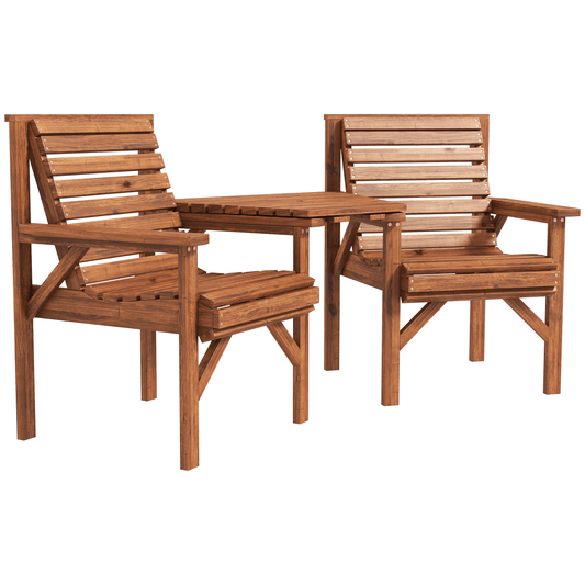 Outsunny Wooden Garden Love Seat Bench with Coffee Table Tan Brown