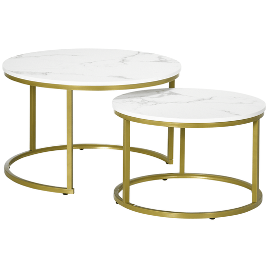 Marble effect Coffee Table Set of 2, Round Nest of Tables for Living Room