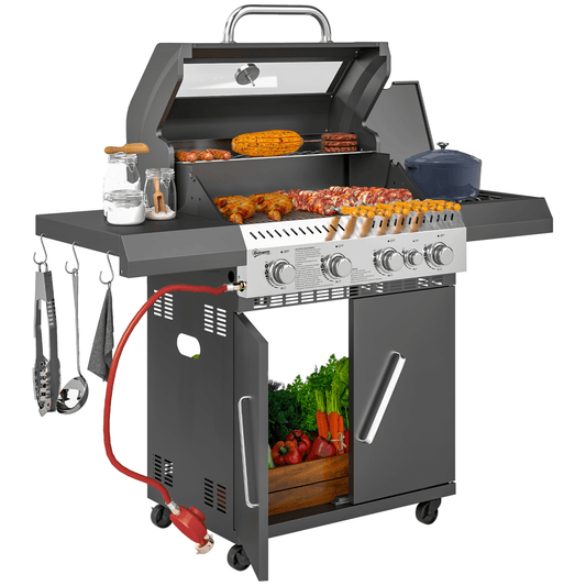 Outsunny 4+1 Burner Gas BBQ Grill with Clear View Lid, Thermometer, Black