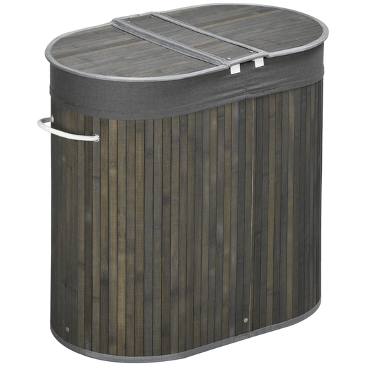 100L Bamboo Laundry, Washing Basket with 2 Compartments - Grey HOMCOM
