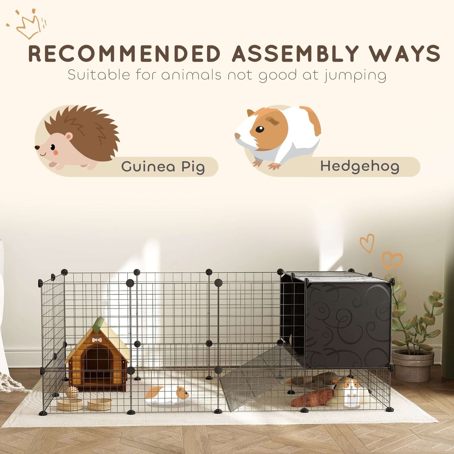 PawHut DIY Small Animal Cage With Elevated Huts for Guinea Pigs, Rabbits