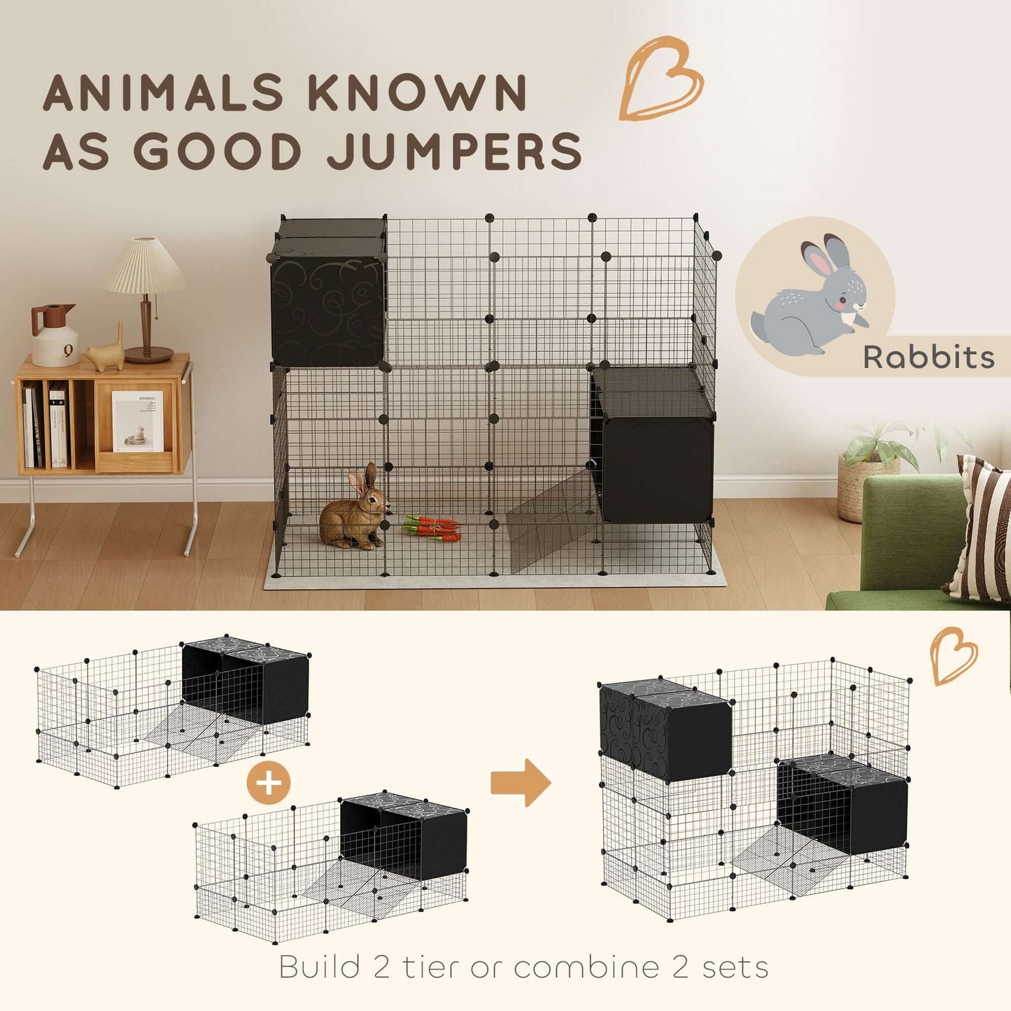 PawHut DIY Small Animal Cage With Elevated Huts for Guinea Pigs, Rabbits