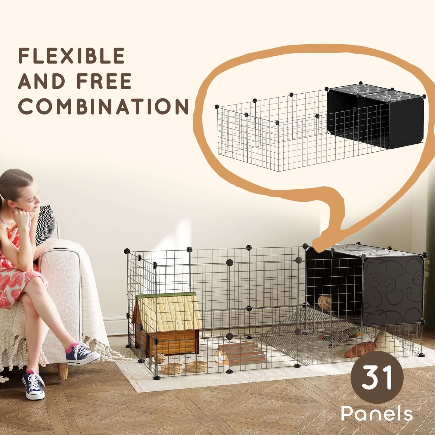 PawHut DIY Small Animal Cage With Elevated Huts for Guinea Pigs, Rabbits