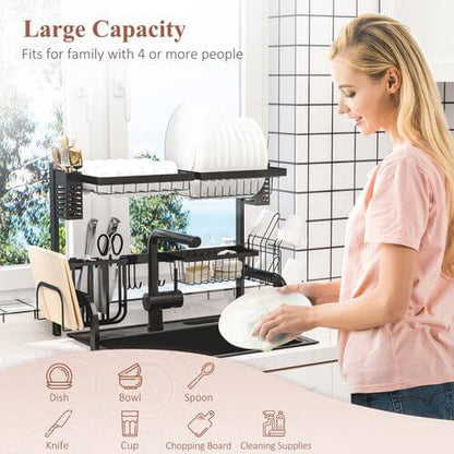 HOMCOM Over The Sink Dish Drainer Rack, 2 Tier Dish Rack for Kitchen, Black