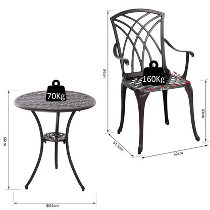 Cast Aluminium 2-Seater Outdoor Garden Table & Chair Set Brown