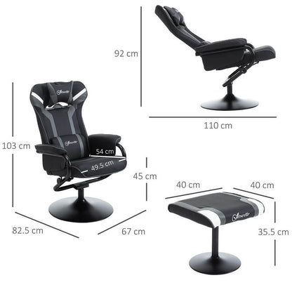 Video Game Chair & Footrest Set Racing Style w/ Pedestal Base, Deep Grey