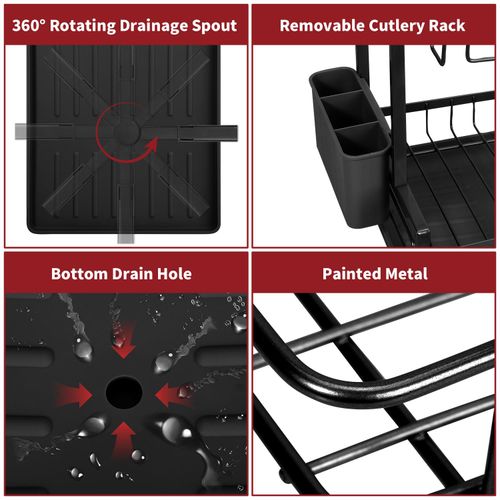 Vinsani 2 Tier Dish & Utensil Drainer Black For Organised Washing Up