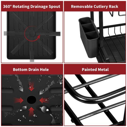 Vinsani 2 Tier Dish & Utensil Drainer Black For Organised Washing Up