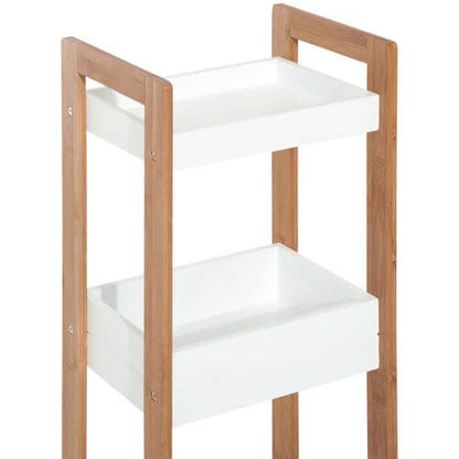 3-tier bamboo bathroom shelves with white trays, eco-friendly and sturdy storage solution.