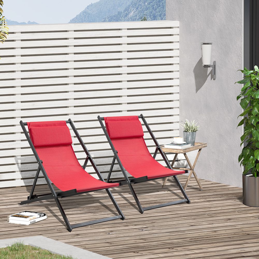 Aluminium Frame Set Of 2 Folding Deck Chairs Wine Red