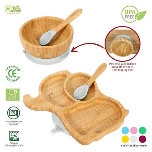 Vinsani bamboo elephant plate and bowl set with two spoons, featuring a non-slip base and powerful suction, BPA free and easy to clean.