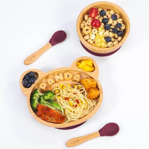 Vinsani Bamboo Panda Plate, Bowl & Spoons Set with suction base for easy cleaning and fun meal presentation.