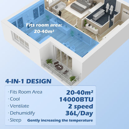 HOMCOM 14,000 BTU Portable Air Conditioner, Dehumidifier, With Timer. For Rooms Up To 40m²