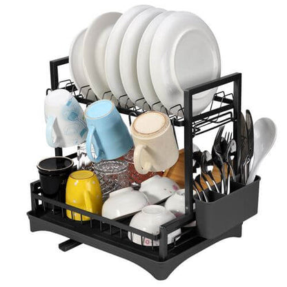 Vinsani 2 Tier Dish & Utensil Drainer Black For Organised Washing Up