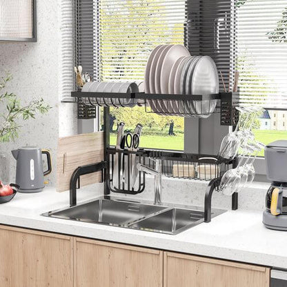 HOMCOM Over The Sink Dish Drainer Rack, 2 Tier Dish Rack for Kitchen, Black