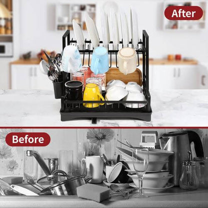 Vinsani 2 Tier Dish & Utensil Drainer Black For Organised Washing Up