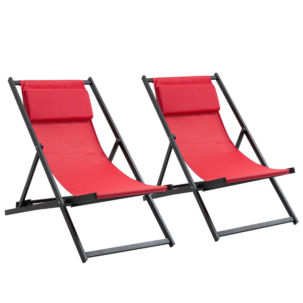 Aluminium Frame Set Of 2 Folding Deck Chairs Wine Red