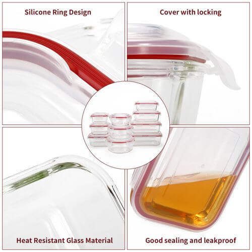 Vinsani Glass Food Containers 10 Pack Rectangle Round Square Food Meal Prep Lunch Boxes with Lids Airtight Heat Resistant Leakproof Lid BPA-Free Dishwasher Microwave Oven Freezer Safe