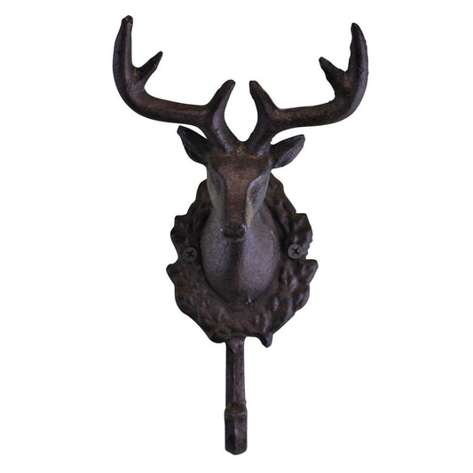 Rustic Cast Iron Wall Hook, Single Stag Bust