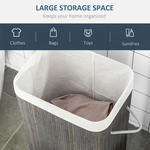 Bamboo Laundry Basket with Flip Lid Foldable, Grey With Handles & Lining,