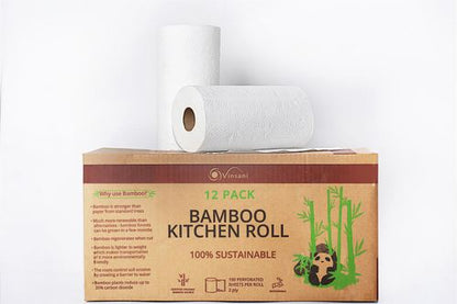Vinsani 100% Sustainable Bamboo Kitchen Roll - 12 Pack