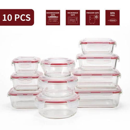 Vinsani Glass Food Containers 10 Pack Rectangle Round Square Food Meal Prep Lunch Boxes with Lids Airtight Heat Resistant Leakproof Lid BPA-Free Dishwasher Microwave Oven Freezer Safe