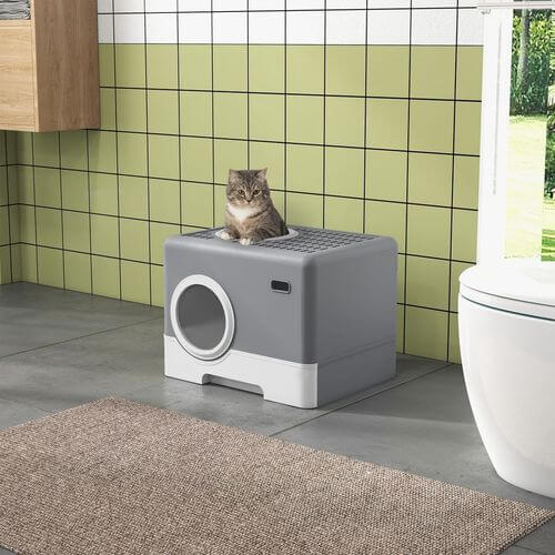 PawHut Enclosed Cat Litter Tray with Lid, Front Entry, Top Exit, Scoop In Grey