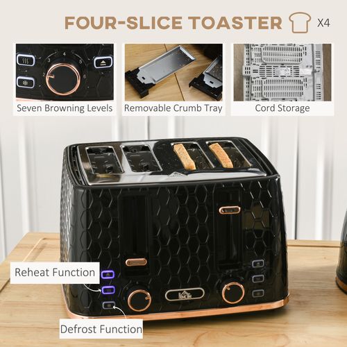 HOMCOM 1.7L Kettle and Toaster Set with Defrost, Reheat and Crumb Tray, Black