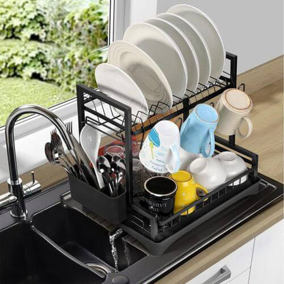 Vinsani 2 Tier Dish & Utensil Drainer Black For Organised Washing Up