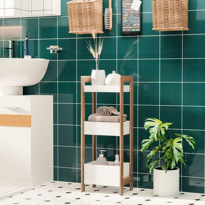 3-tier bamboo bathroom shelf with towels and plants, ecofriendly storage solution in a modern bathroom setting.