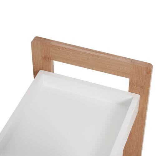 Top view of a 3-tier bamboo bathroom shelf with a white tray, showcasing eco-friendly design.