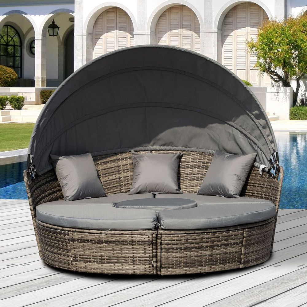 5pc Cushioned Outdoor Plastic Rattan Round Sofa Bed Table Set Grey