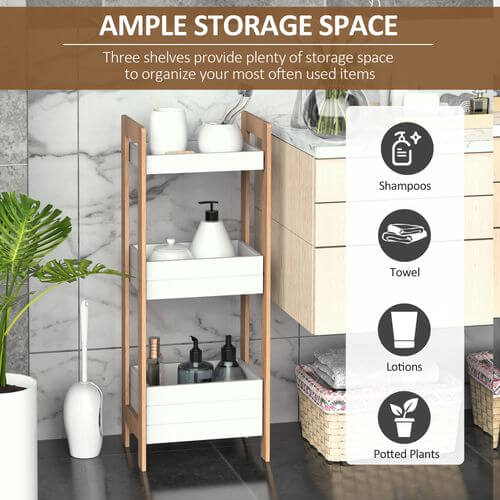 3-tier bamboo bathroom shelves offering ample storage for toiletries, towels, and plants in a stylish design.