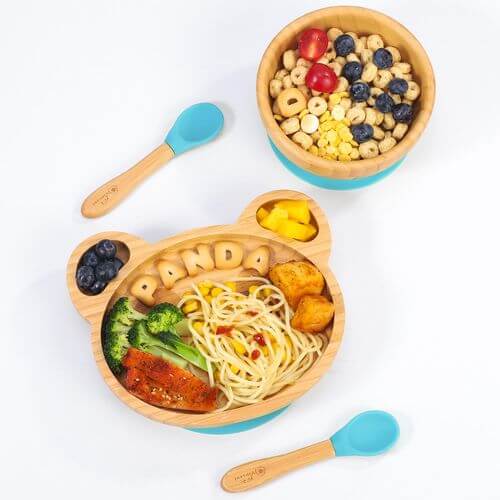 Vinsani Bamboo Panda plate with sections for food, bowl, and spoons for fun, safe mealtime for children.