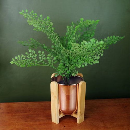 Gold Ceramic Planter With Eco-Friendly Bamboo Stand Plant Pot