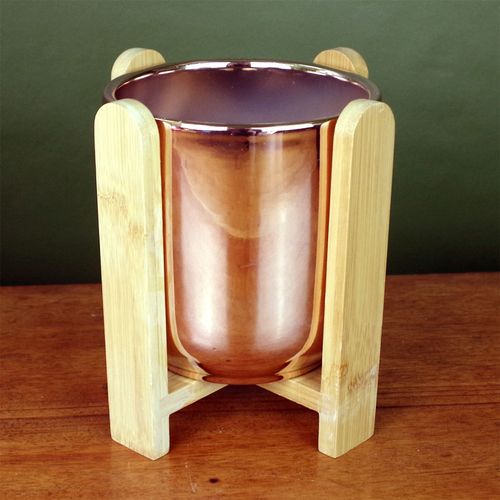 Gold Ceramic Planter With Eco-Friendly Bamboo Stand Plant Pot