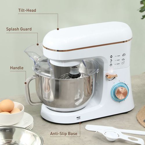 HOMCOM Electric Stand Mixer, 5L Food Mixer with Dough Hook, Whisk, White