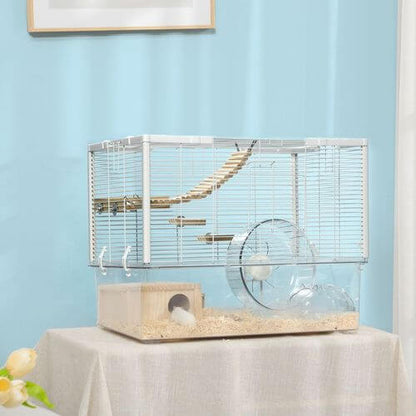 PawHut Hamster Cage, Gerbilarium Cage With Deep Bottom, Ramp & Exercise Wheel