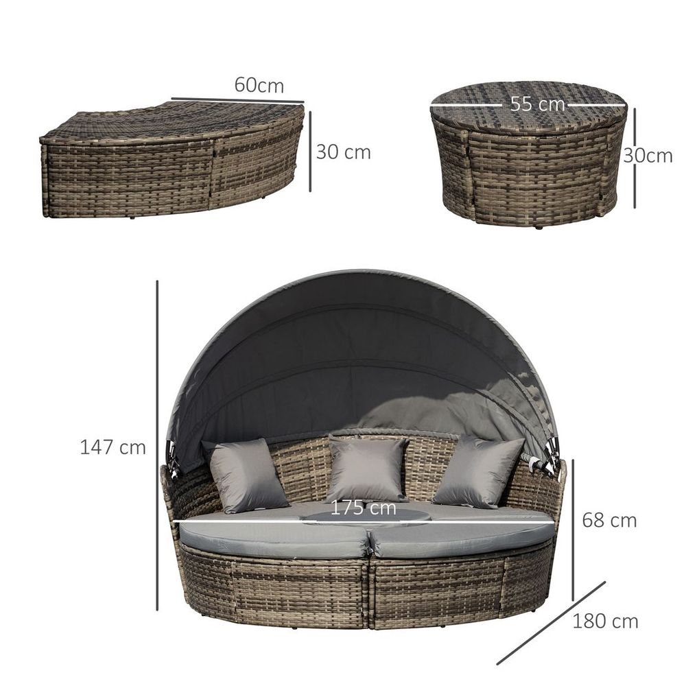 5pc Cushioned Outdoor Plastic Rattan Round Sofa Bed Table Set Grey