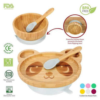 Vinsani bamboo panda plate and bowl set with suction base, safe for kids, easy to clean and BPA-free.