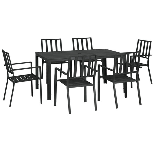 Outsunny 7 PCs Garden Dining Set w/ Stackable Chairs and Metal Top Table, Black