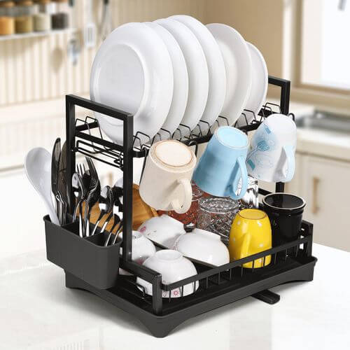 Vinsani 2 Tier Dish & Utensil Drainer Black For Organised Washing Up