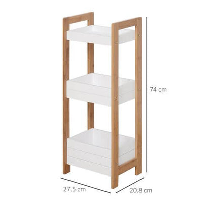 3-tier bamboo bathroom shelves with white surfaces, eco-friendly and sustainable storage solution for any space.